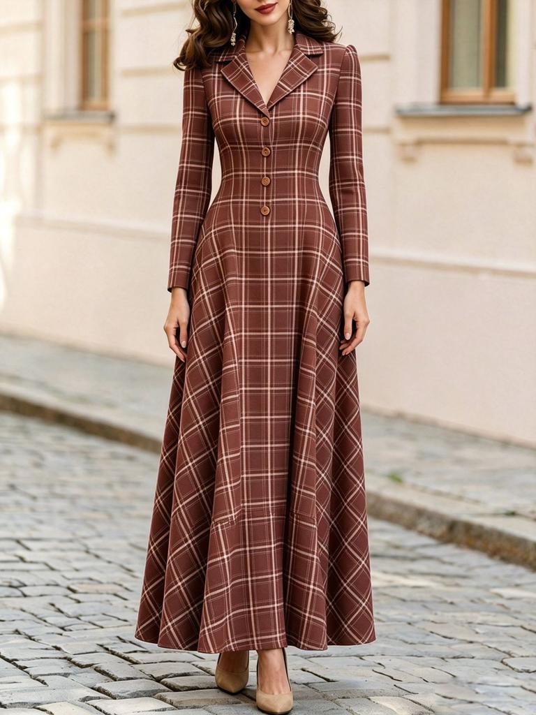 Damen Karomuster Reverskragen Einreiher Langarm A-Linie Maxikleid Elegant Schlankes Passformkleid