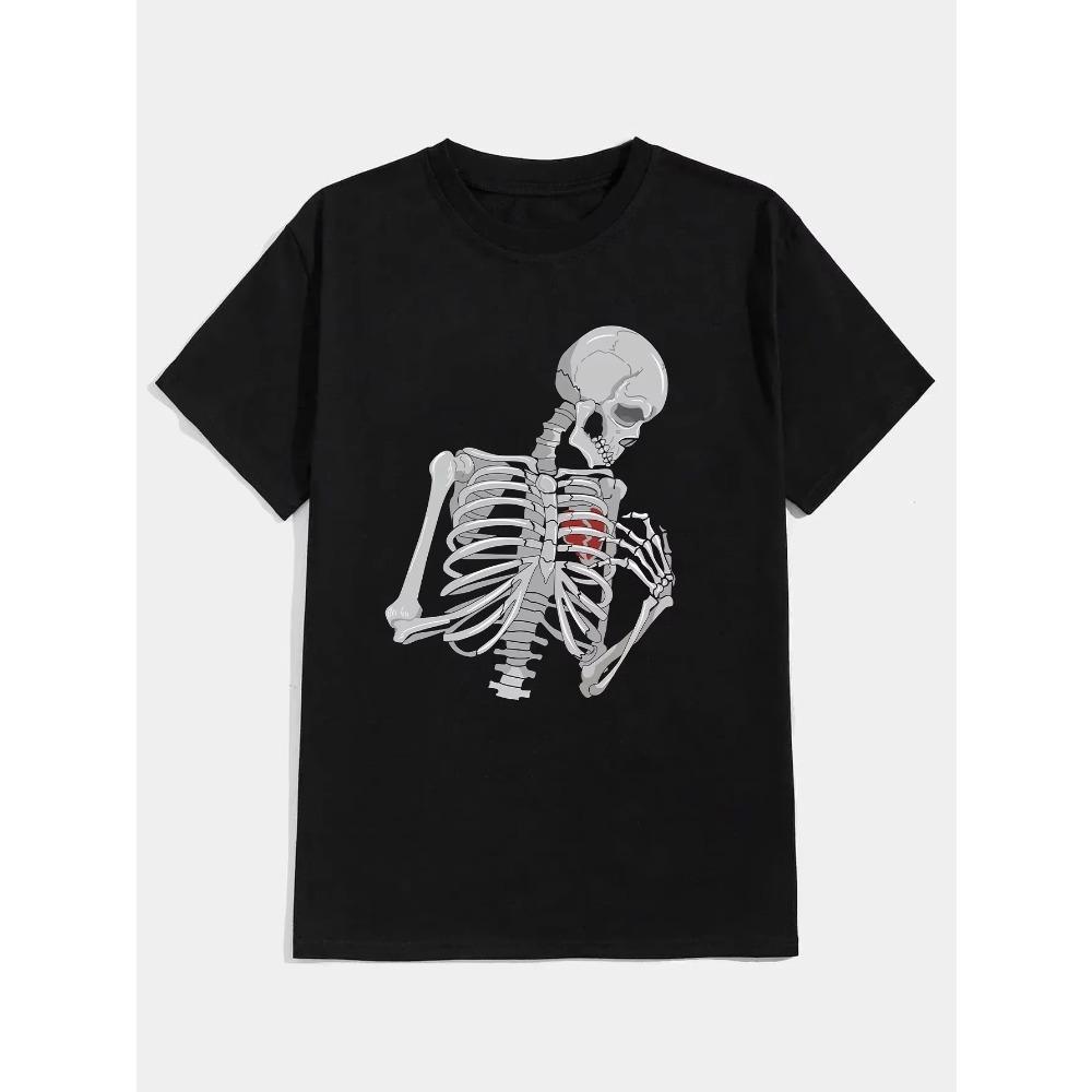 Skeleton Print T-Shirt for  Men's Casual Crew Neck Short-Sleeve  Fashion Summer T-Shirts Tops, Regular and Oversize Tees
