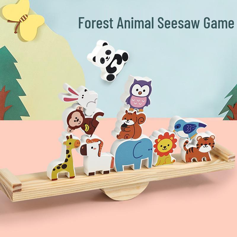 Wooden Animal Seesaw Balance Blocks - Early Education Stacking Toy for Baby Hand-Eye Coordination 29.6*8*7 cm