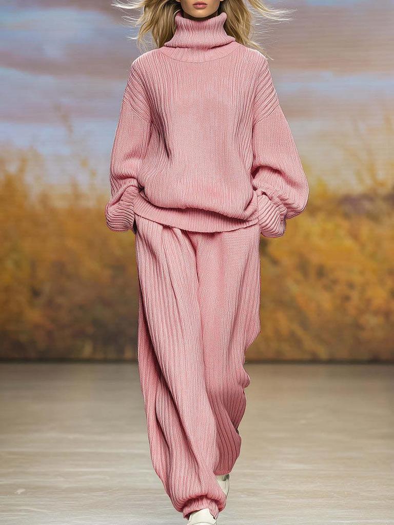 2025 Autumn/Winter Women's Casual Knit Set: High Neck Top & Wide Leg Pants