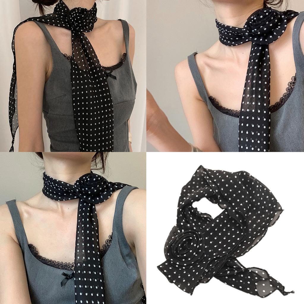 Silk Like Long Scarf Elegant Neck Decoration with Round Dot and Rose Flower Pattern for Fashion Forward Women