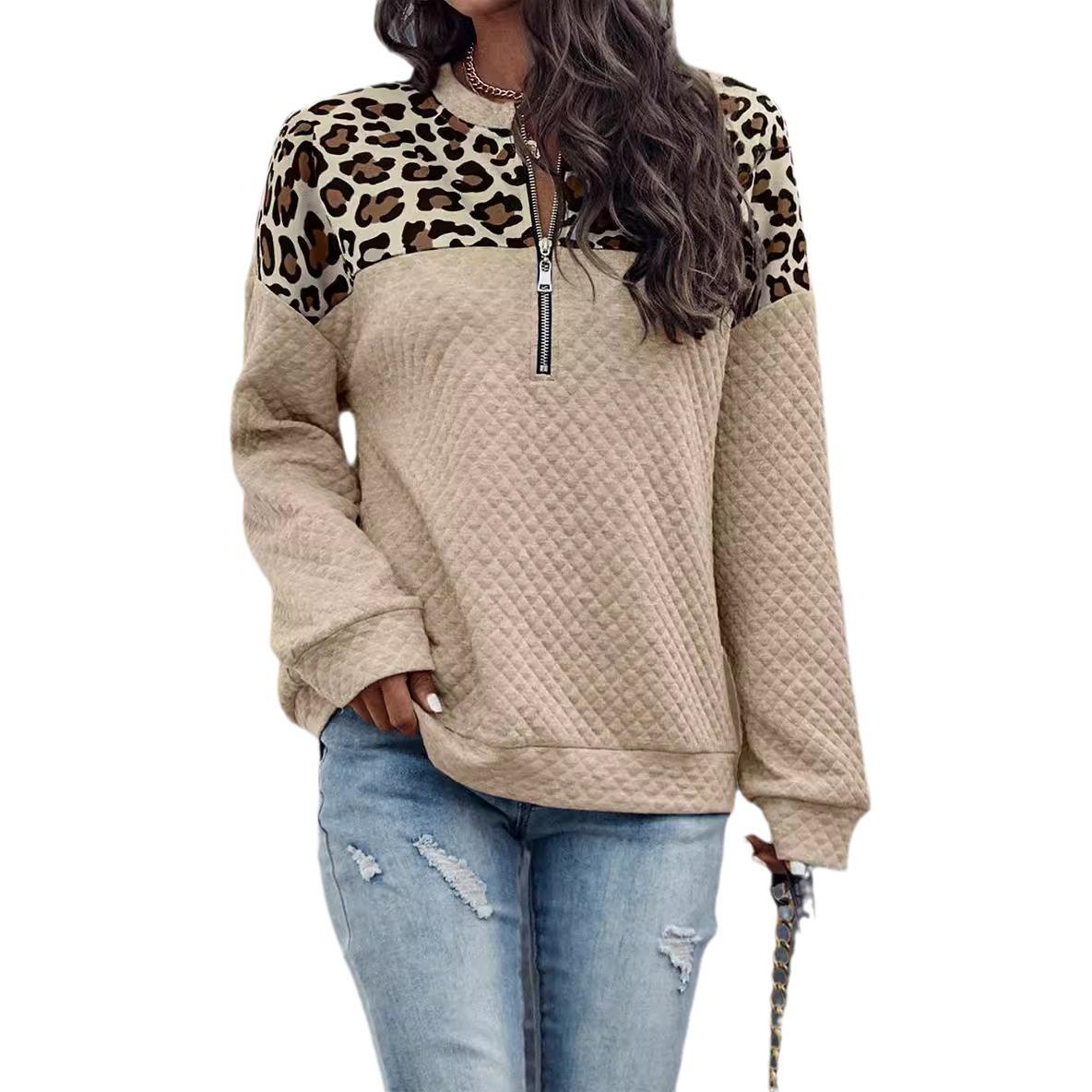 

Осенне-зимняя женская леопардовая принтованная толстовка на молнии с короткими рукавами, повседневный теплый свитер с длинными рукавами 2XL хаки