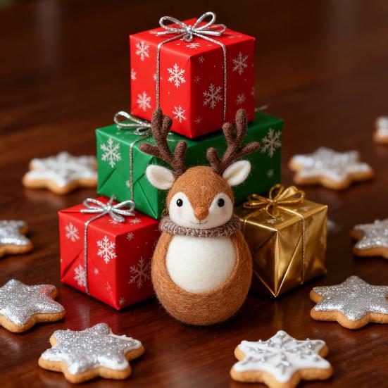 Soft Wool Felt Reindeer Ornament Embroidered Eyes Cheerful Pompon Nose Deer Christmas Handmade Doll Holiday Decor