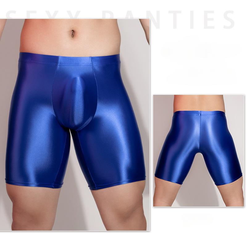 Men Sports Gym Boxer Shorts Shiny Glossy Leggings Boxers Tight Fitting Underwear Stretch Long Boxershorts Man U Convex Underpant