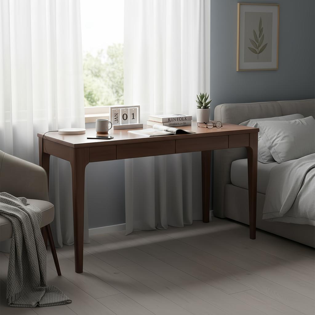 Scrivania in legno massello con cassetti, scrivania regolabile in altezza con bordi arrotondati, ideale per piccoli studi e camere da letto, in stile mid-century modern, noce