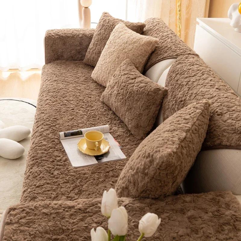 Winter Plush Sofa Cushion Warm Anti-skid Thickened L Corner Armrest Backrest Towel Simple Modern Sofa Dust Cover Cloth 3 Seat