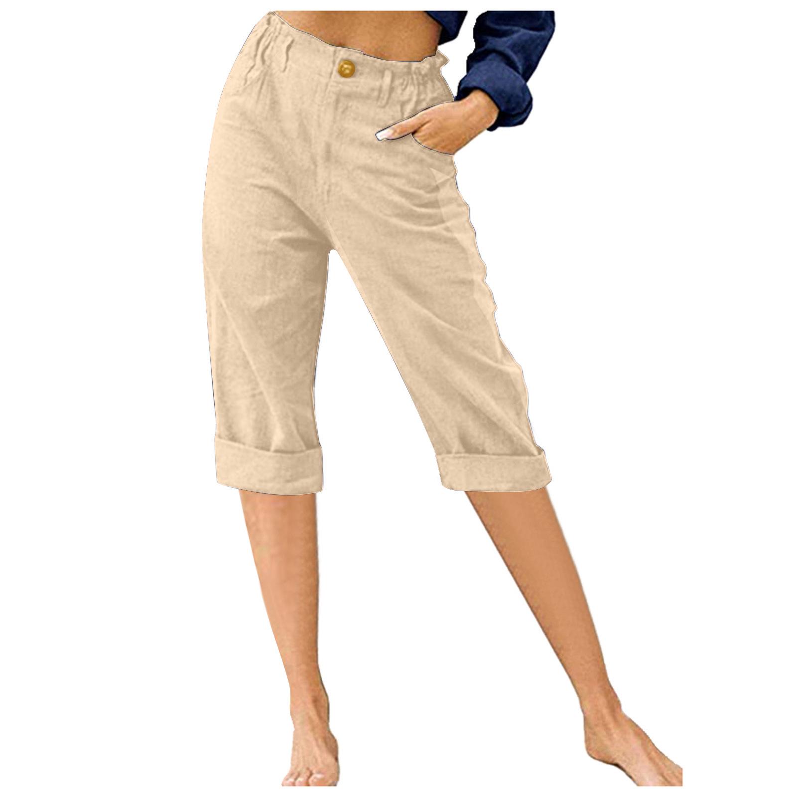 Summer European & American Women s Cotton Linen Loose Mid-Waist Three-Quarter Pants 2XL абрикосовый