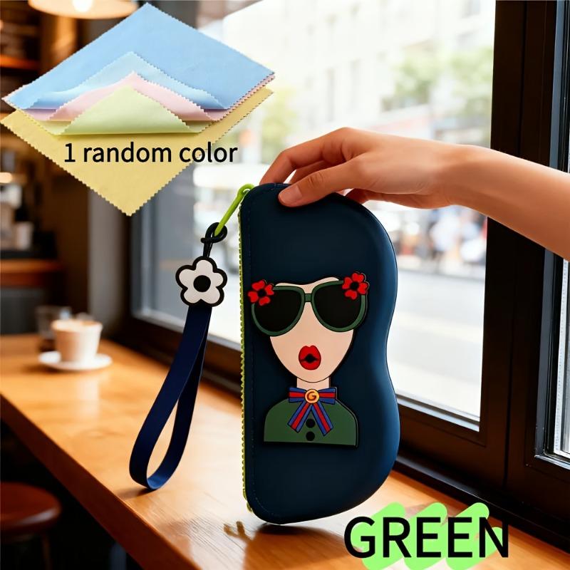 

1pc Trendy Cartoon Lady Case with Floral Charm,Cartoon Floral Glasses Case with Cloth,Black Neoprene Eyeglass Pouch,Cute Storage зелёный