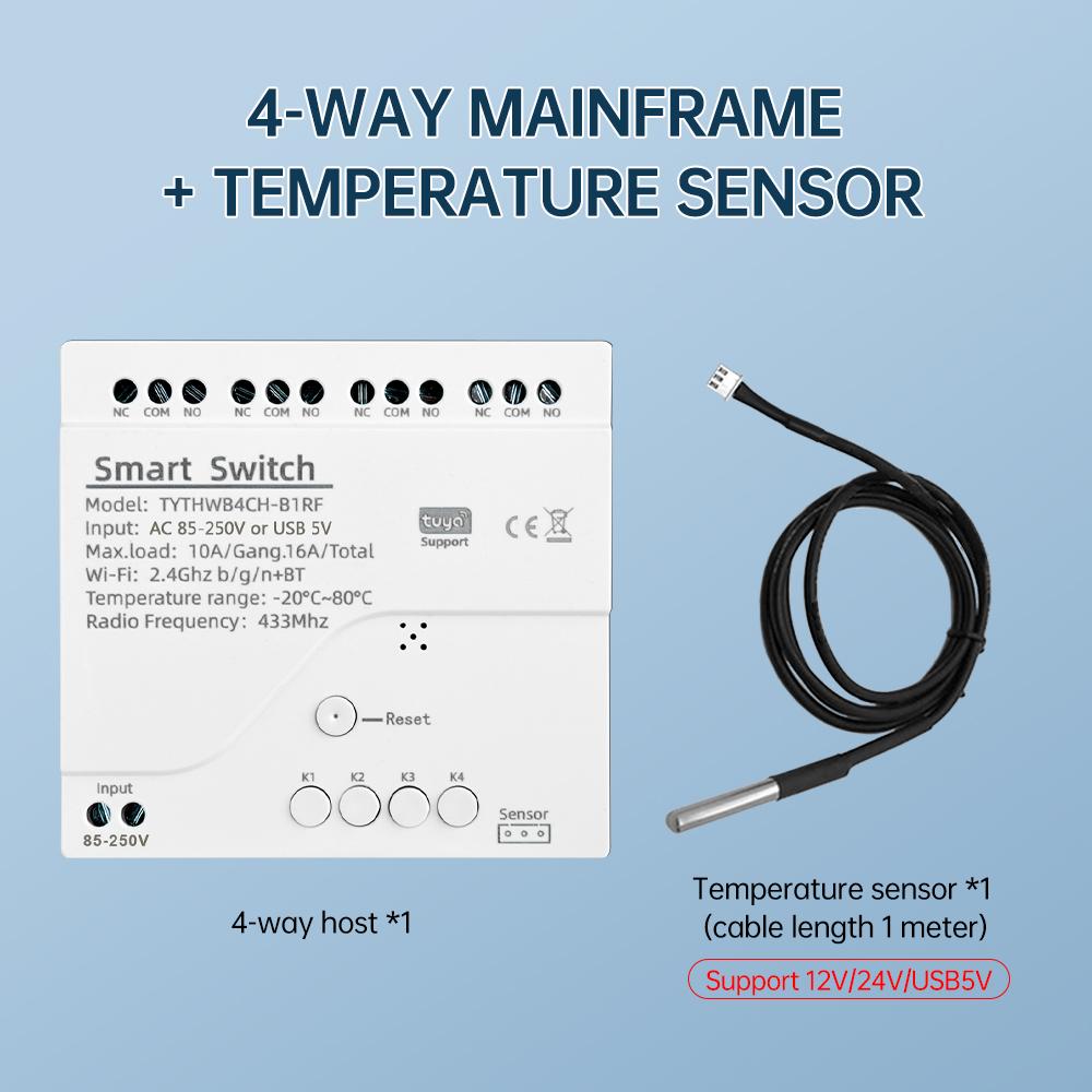 WiFi 4 Channel Smart Switch With Temperature Humidity Sensor Passive Dry Contact DC 7-32V/AC 85-250V Work With Tuya
