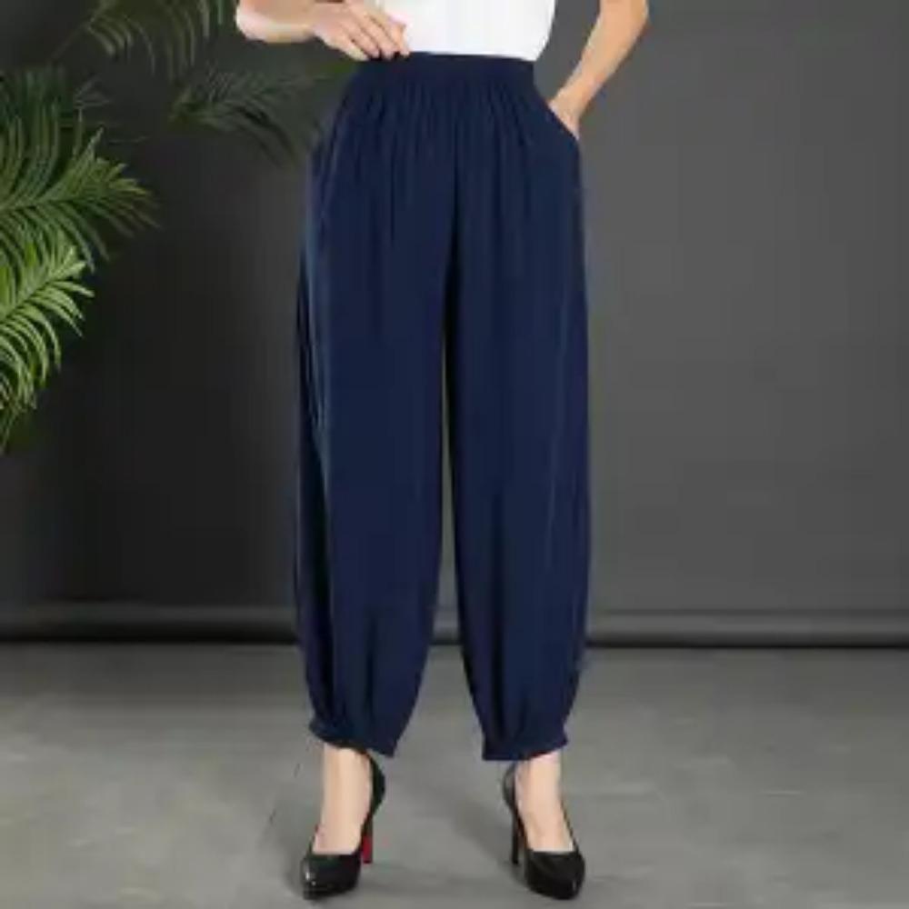 Women's Summer New High Waist Elastic Wide Leg Pants Fashionable Solid Pockets Soft Mosquito Proof Loose Versatile Lantern Pants