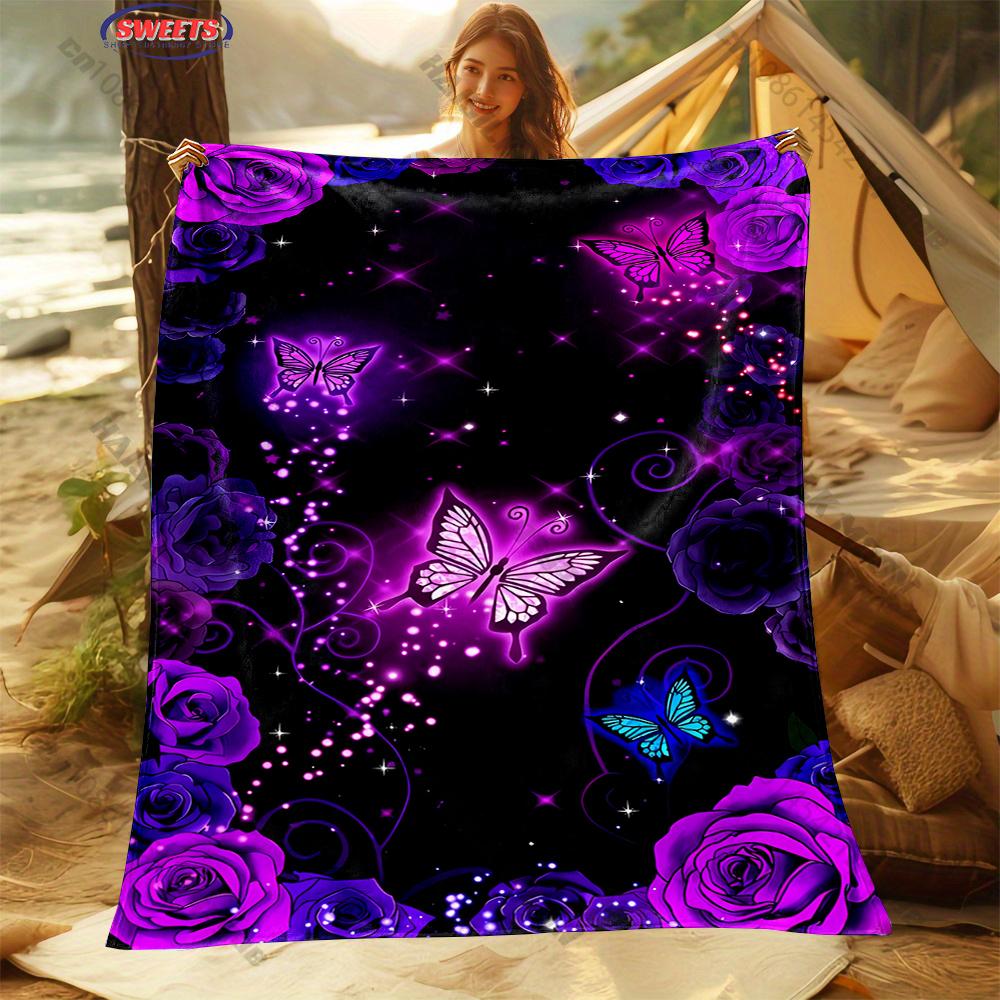 6 Sizes Purple Butterfly and Flower Printed Blanket Warm Soft Home Travel Blanket Sofa Bedding Cover Blankets Gifts for Friends