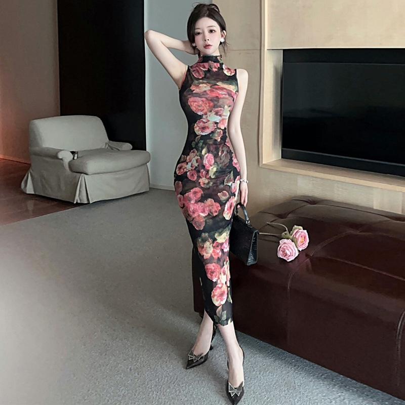 Women's sexy printed mesh stand-up collar retro long dress