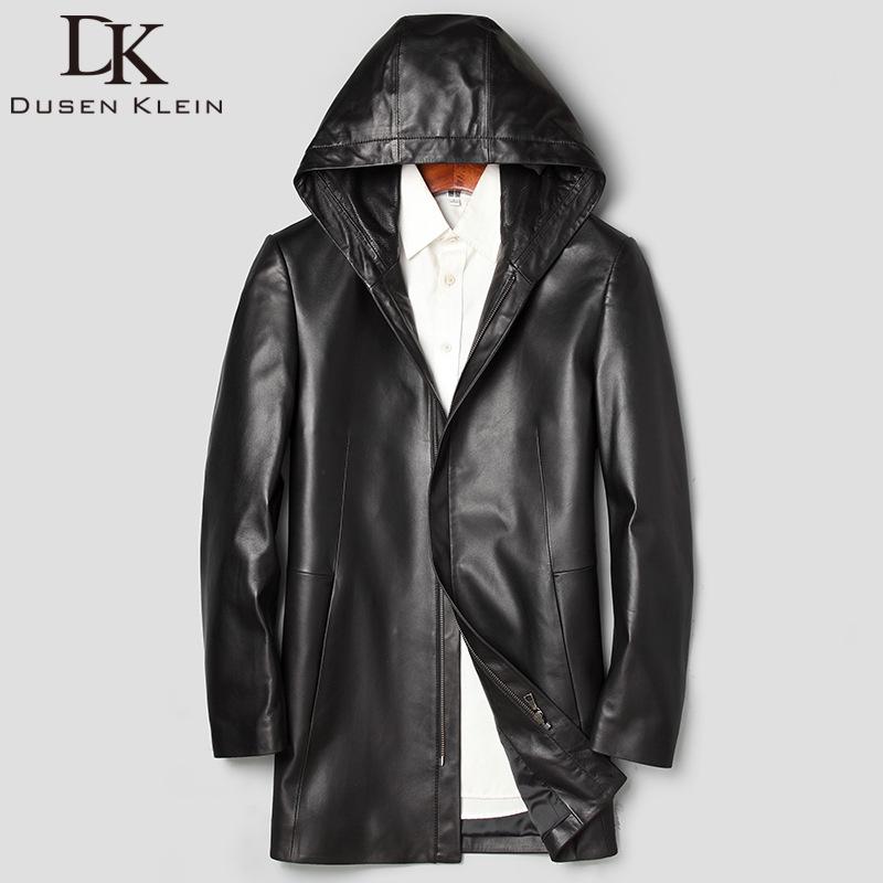 Men's Genuine Lambskin Hooded Leather Jacket, Slim Fit, Mid-Length Outerwear