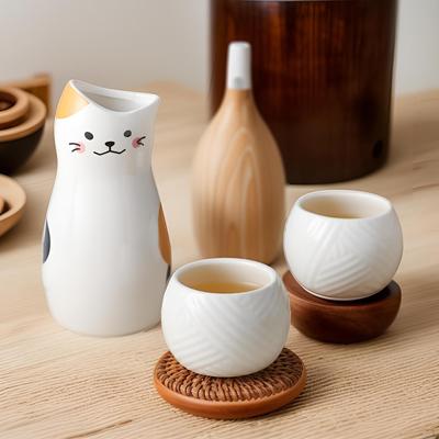 Ceramic Sake Bottle Cups Set Cute Cat Shaped Tea Porcelian Glasses Carafe Tokkuri