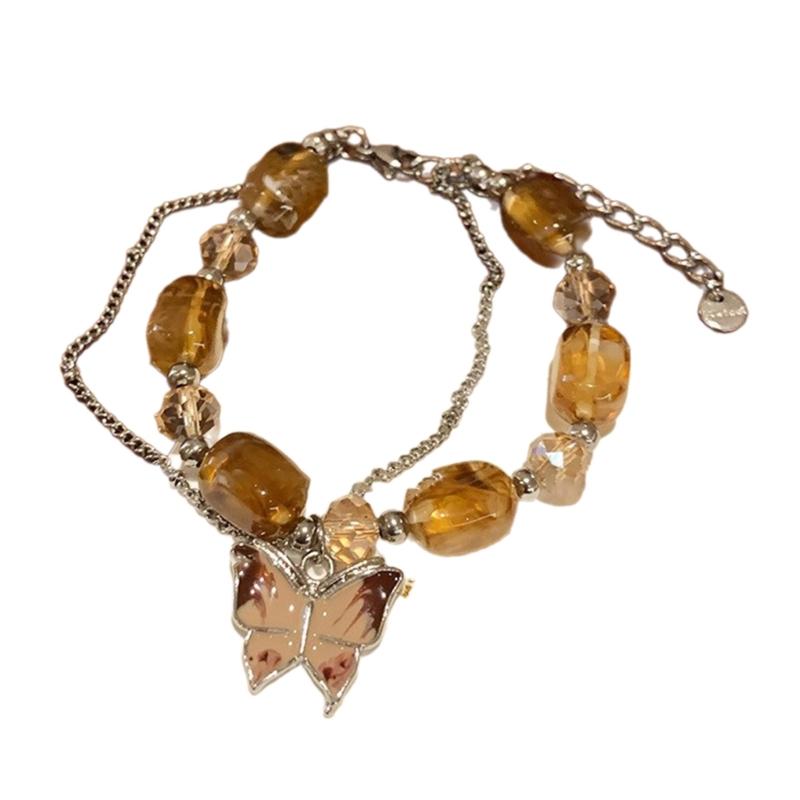 Delicate Butterfly Pendant Bracelet Stylish Double Layer Bangle Ornament Colorful Beaded Handchain Versatile Decor 1