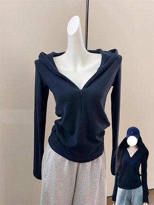 Women's Korean V-Neck Dark Blue Hooded Zip-Up Sweatshirt - Autumn, High-End, Waist-Cinching, Slimming, Trendy.