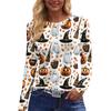 Women's Halloween Print Long Sleeve Pullover Top Round Neck Split Hem Casual Loose Fit Lightweight Sweatshirt