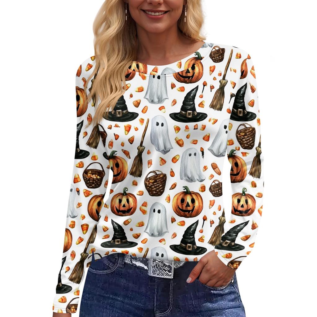 Women's Halloween Print Long Sleeve Pullover Top Round Neck Split Hem Casual Loose Fit Lightweight Sweatshirt