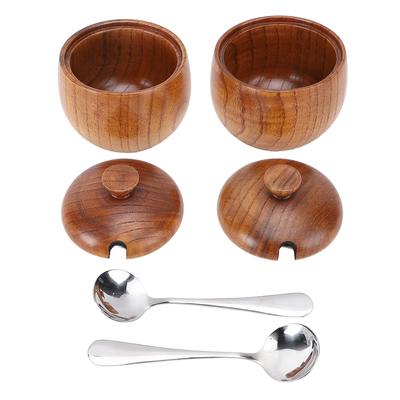 2 Stück Holz Salzschale Multifunktionale Salzdose mit Deckel Löffel für Zucker Gewürz Gewürze