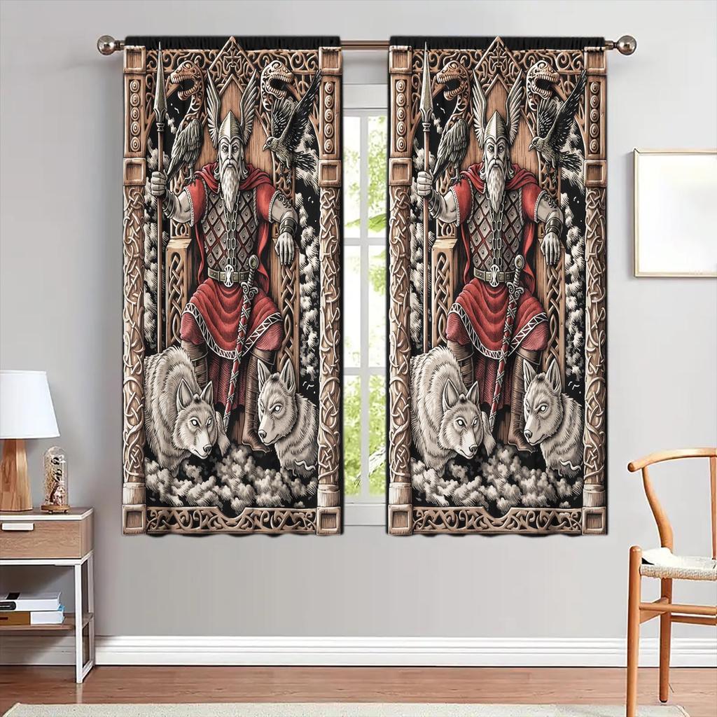 2 Panels Relief of Norse Mythology Decorative Curtains   Semi Transparent Without Lining   Durable Polyester Fiber Curtains