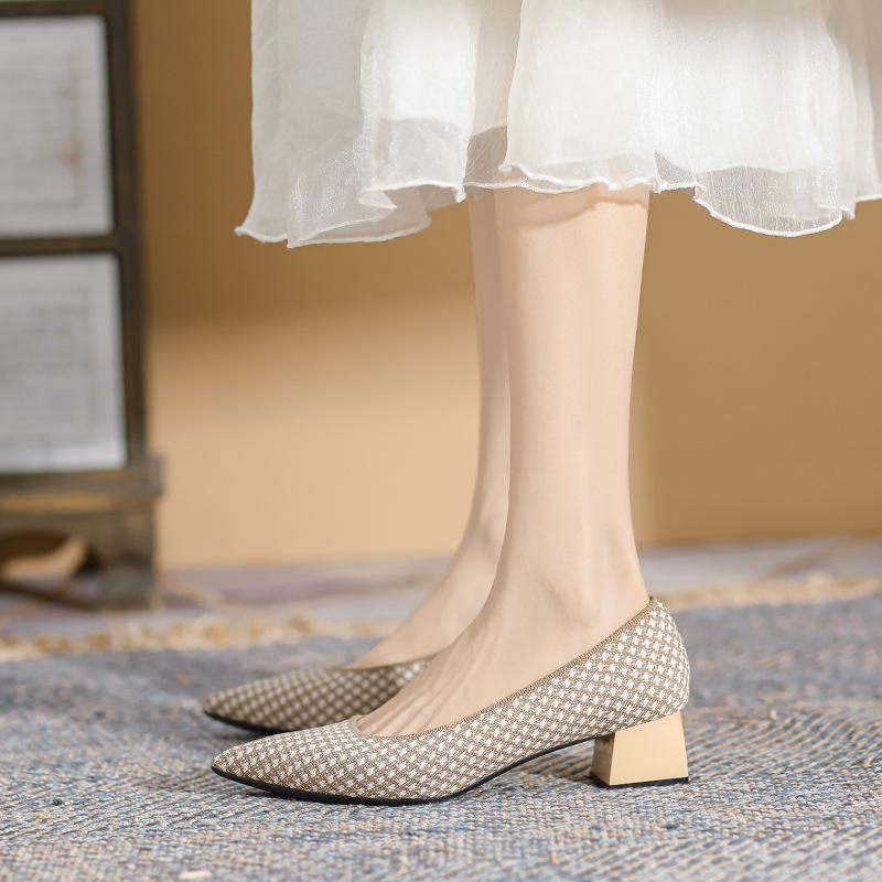 

Женские повседневные туфли-лодочки Удобные туфли на массивном блочном каблуке Мокасины с острым носком Трикотажные рабочие туфли-лодочки на низком каблуке Нескользящие туфли для женщин 40