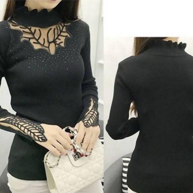 Pofulove Fashion Σέξι κεντημένο πουλόβερ με δαντέλα πουλόβερ πουκάμισο με κάτω μέρος Κοίλο πουλόβερ