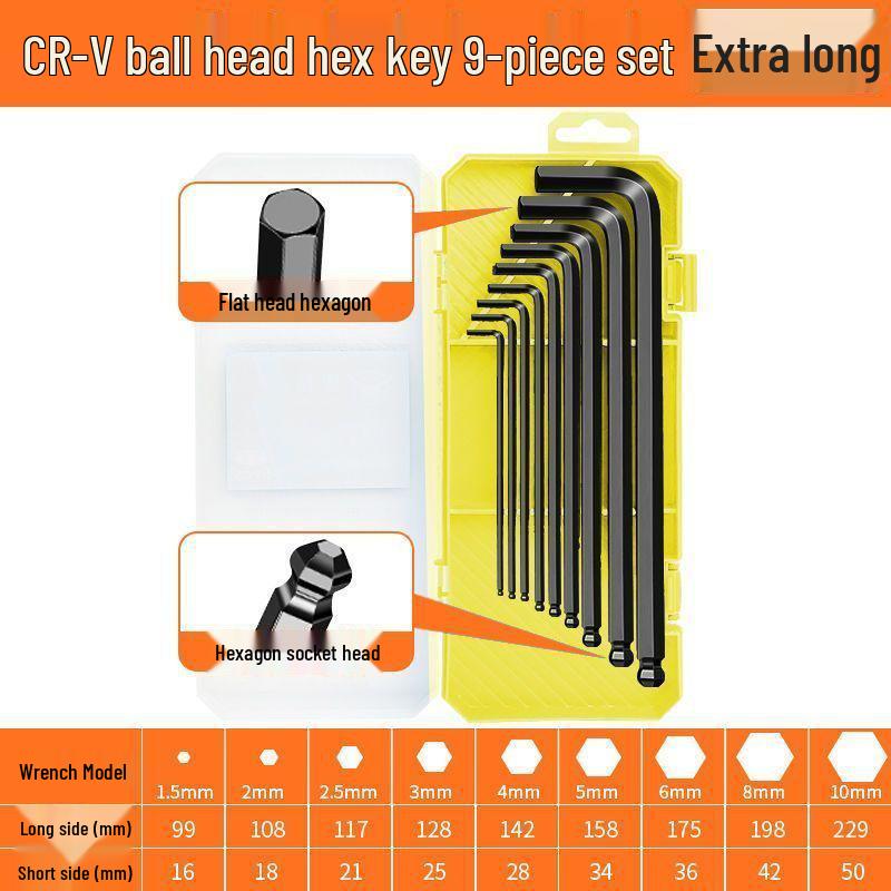 9-Piece Ball End Hex Key Set - Hexagonal 6-Point Screwdriver Wrench