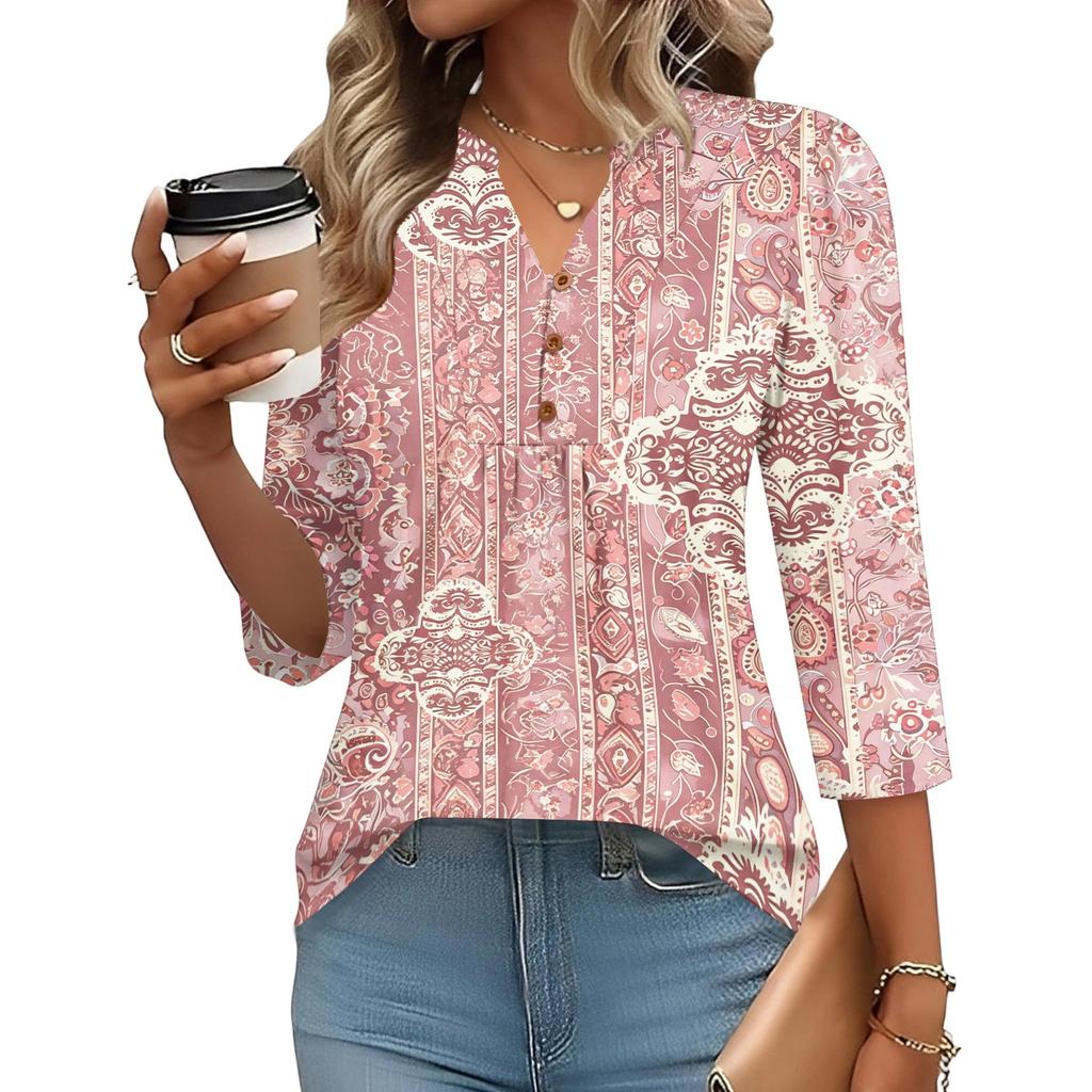 Women’s Relaxed Fit Three Quarter Sleeve Top with Vintage Inspired Pattern Comfortable Lightweight Fabric Stylish Design