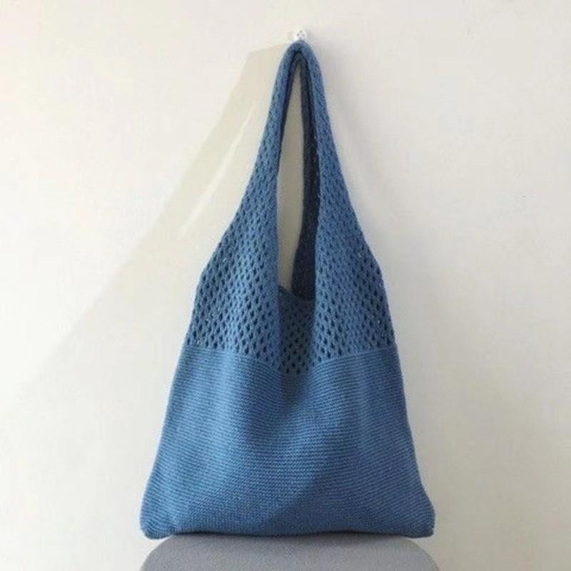 Large Capacity Knitted Tote Bag Korean INS Fashion Solid Color Hollow Out Shoulder Handbag for Women