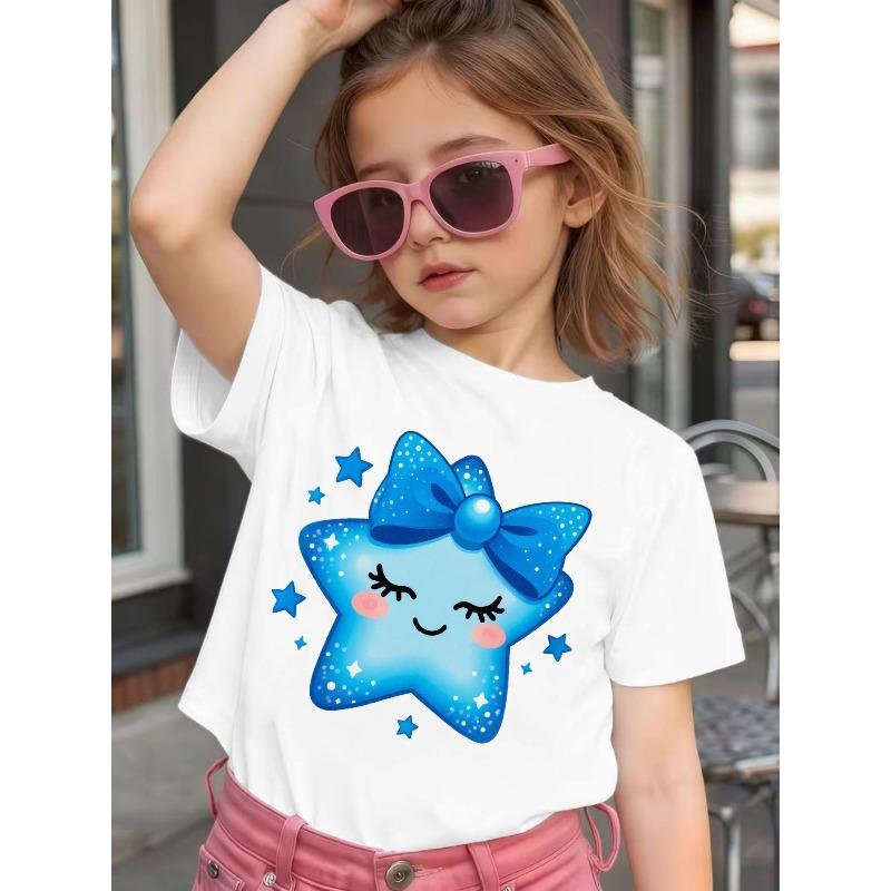 Mädchen Crew-Neck Kurzarm-T-Shirt mit Cartoon-Blauen Sternen & Schleifen-Print