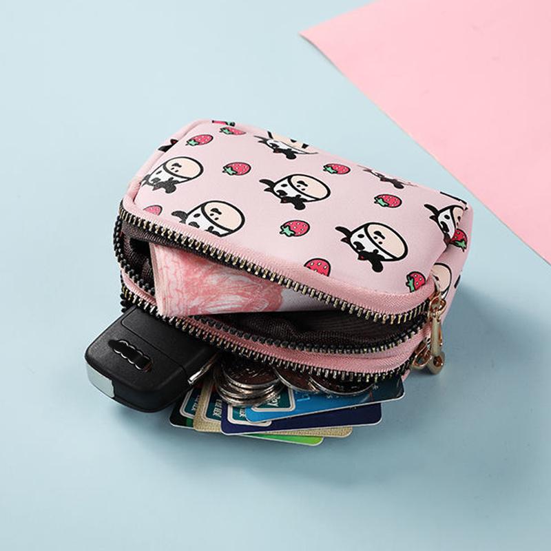 Cute Cow Pattern Coin Purse for Women Card Wallet Students Double Pocket Zipper Key Bag Portable Lipstick Bank Card Bag