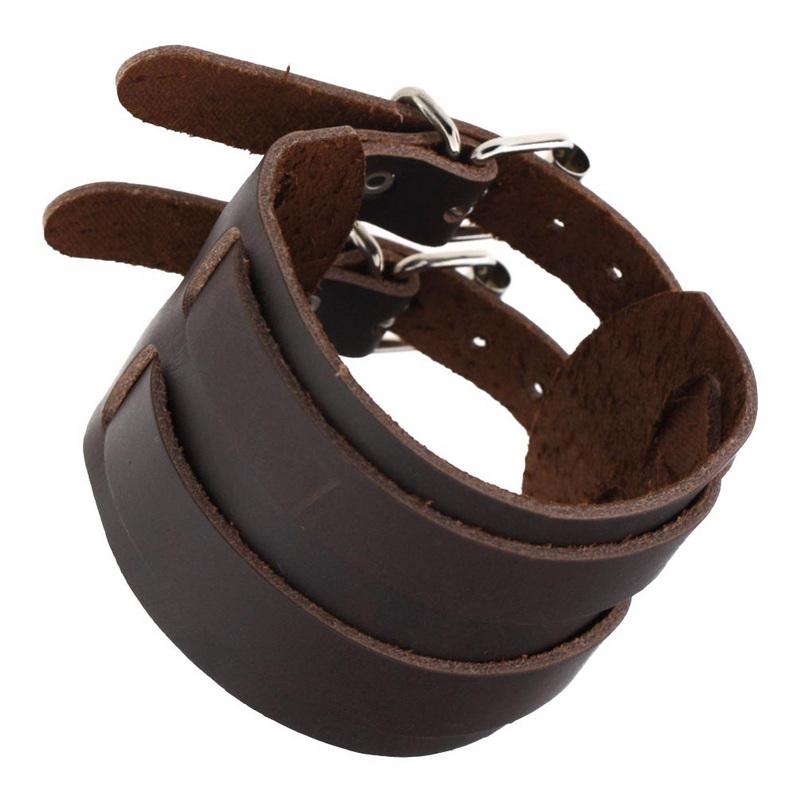 Vintage Genuine Leather Punk Bracelet Double Buckle Wide Cuff Wristband for Men Women Gothic Jewelry