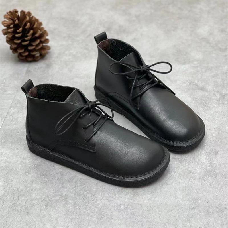 Χειροποίητες Δερμάτινες Μπότες Στρογγυλή Μύτη Φλατ Δέρμα Αγελάδας Γυναικεία Παπούτσια