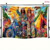 2D Flower Power Hippie Backdrop, 60s 70s Couple on Motorcycle Background for Themed Party