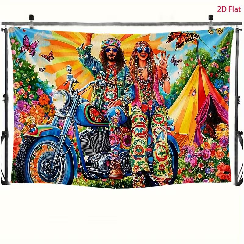 2D Flower Power Hippie Backdrop, 60s 70s Couple on Motorcycle Background for Themed Party