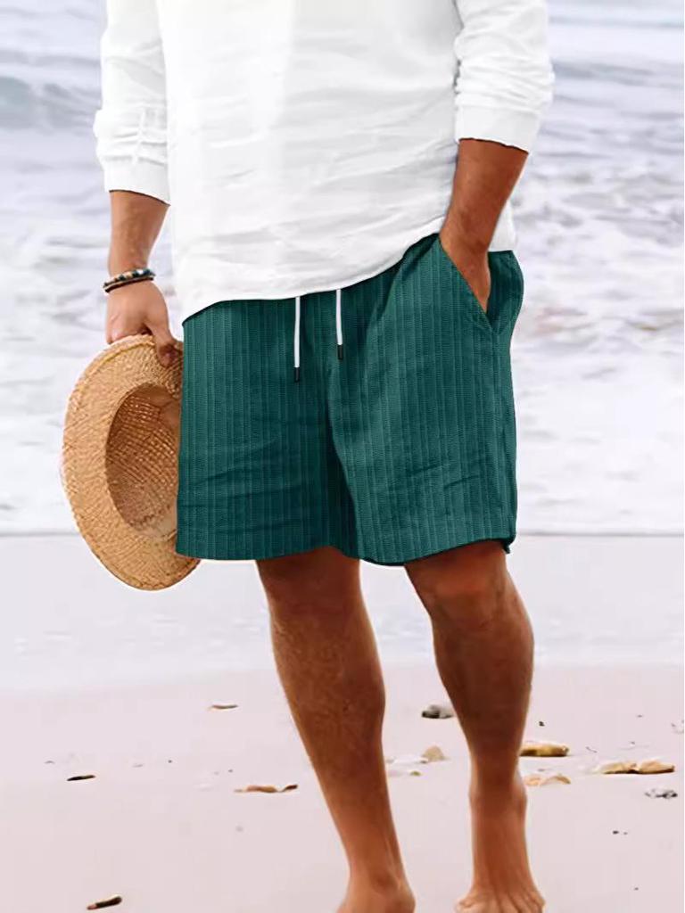 Men's Striped Cotton Linen Beach Shorts with Multi-Pocket and Drawstring