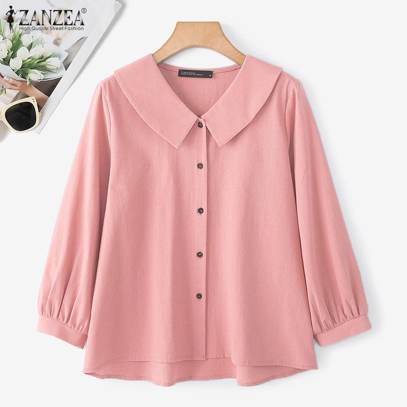 ZANZEA Women Turn Down Collar Loose Casual Long Sleeve Plain Blouse