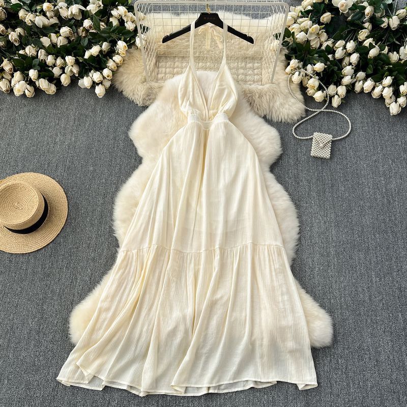 

Holiday Women s Clothing Dress 2024 Summer New Arrival Beach Travel Photo Dress Sexy Backless Halter Beach Dress Apricot color S