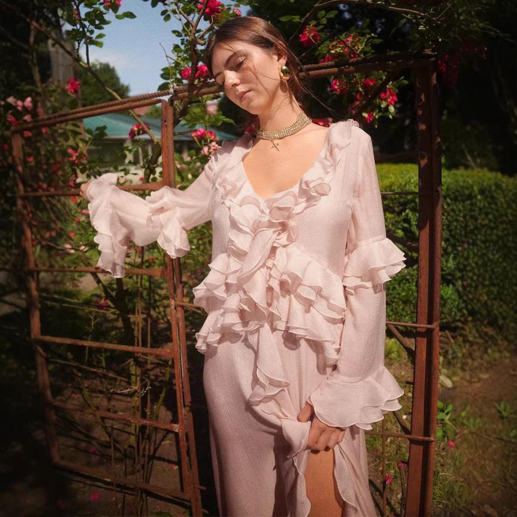 Long Dress European and American Summer New Design Irregular V-neck Ruffle Edge Split Dress