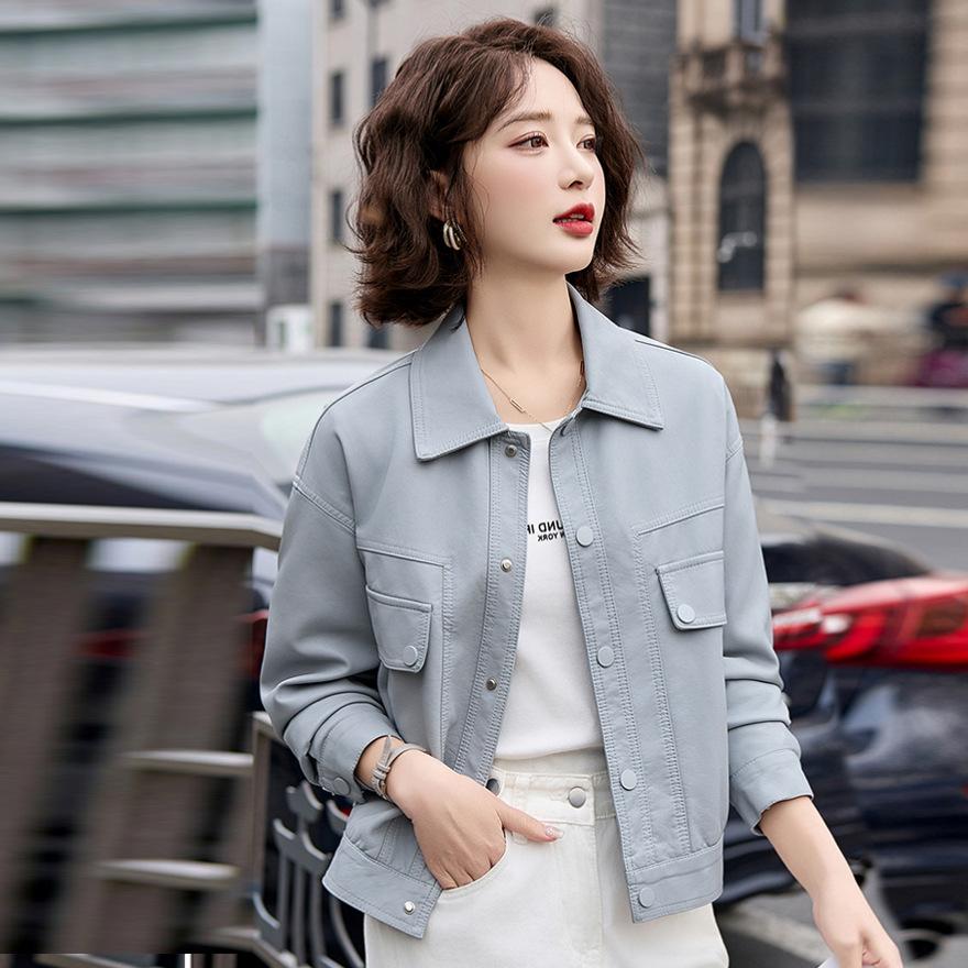 Short leather jacket women's spring and autumn new small temperament casual versatile lapel leather jacket