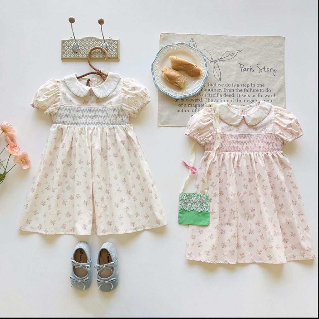 Girls Summer Floral Dress Peter Pan Collar Puff Sleeve Kids Princess Party Dress Casual Cute Sundress