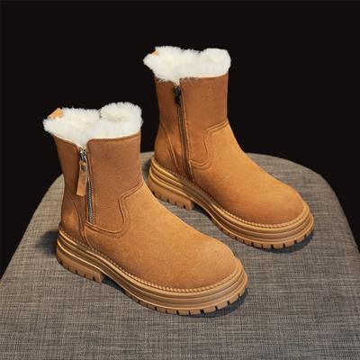 Damen Winter Warme Plateau Schneestiefel mit Seitenreißverschluss Wildleder Stiefeletten mit Kunstfellfutter Komfort Rutschfest Walking Kampfstiefel Schuhe für Damen
