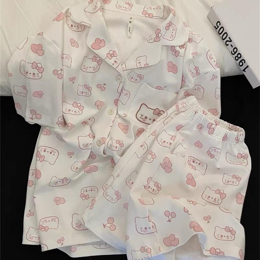 Internet celebrity sweet girl Kitty cat pajamas women's summer short-sleeved shorts cardigan set student ins loungewear