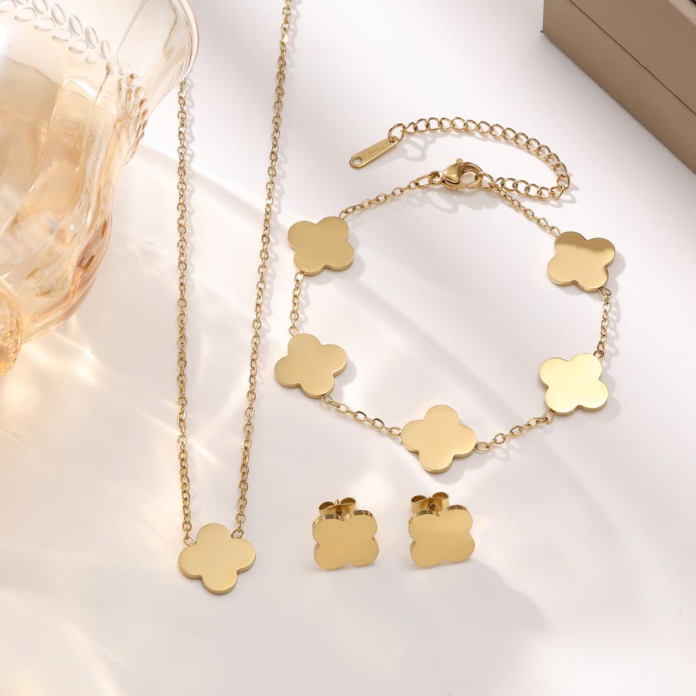 European 18K Gold Stainless Steel Four-Leaf Clover Jewelry Set: Bracelet, Necklace, Earrings for Women
