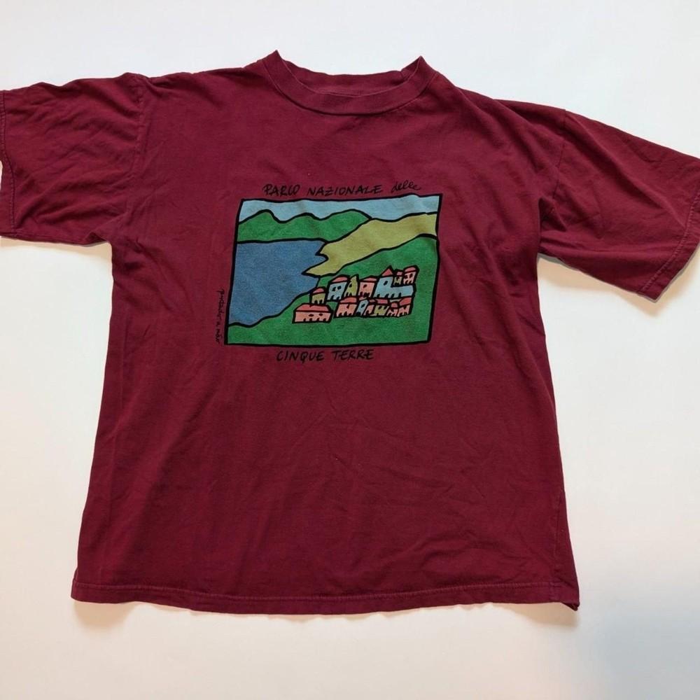 Vintage Cinque Terre National Park Italy Travel T-Shirt Burgundy Cotton M Unisex T-Shirt