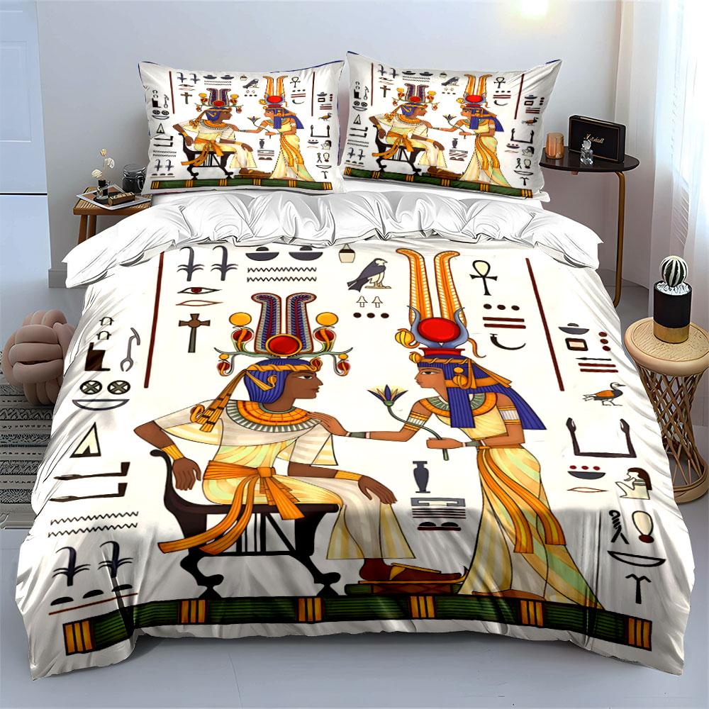 Ancient Egyptian Royalty and Hieroglyphs Print Soft Comfortable Duvet Cover Bedding Set Included 1*Duvet Cover 2*Pillowcases