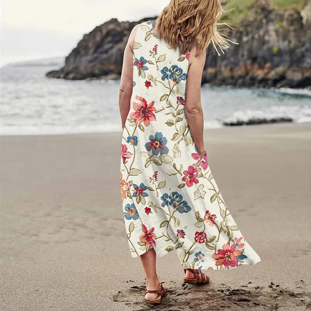 Lässiges, bequemes, ärmelloses Baumwolltaschenkleid mit Blumendruck für Damen