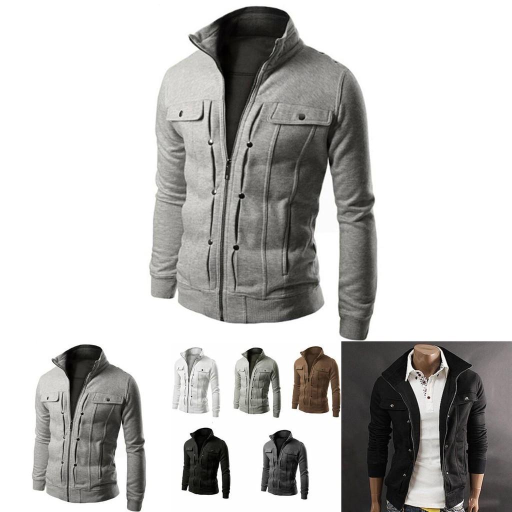 Mens Slim Fit Stand Collar Long Sleeve Coat Top Military Jacket For Stylish Look