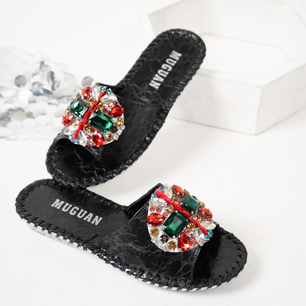 Fashion Aphixta Bling Crystal Luxury Slippers Women Round Toe Colorful Summer Shoes Flat Heel Outdoor Slides Zapatos De Mujer Pantunflas