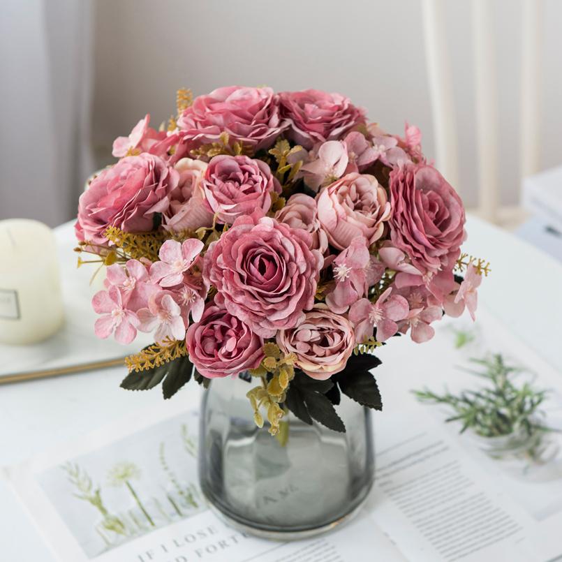 Artificial Flowers Silk Roses Bride Bouquet Home Decor Autumn Wedding Accessories Clearance Garden Fake Peony Hydrangea Art Wall